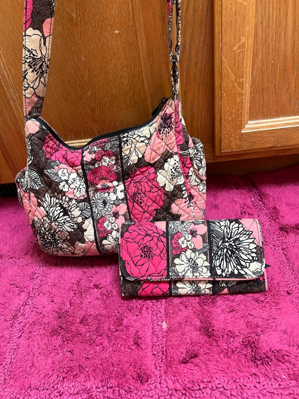 Vera Bradley Quilted Floral Crossbody Bag and Wallet Set - Pink/Black